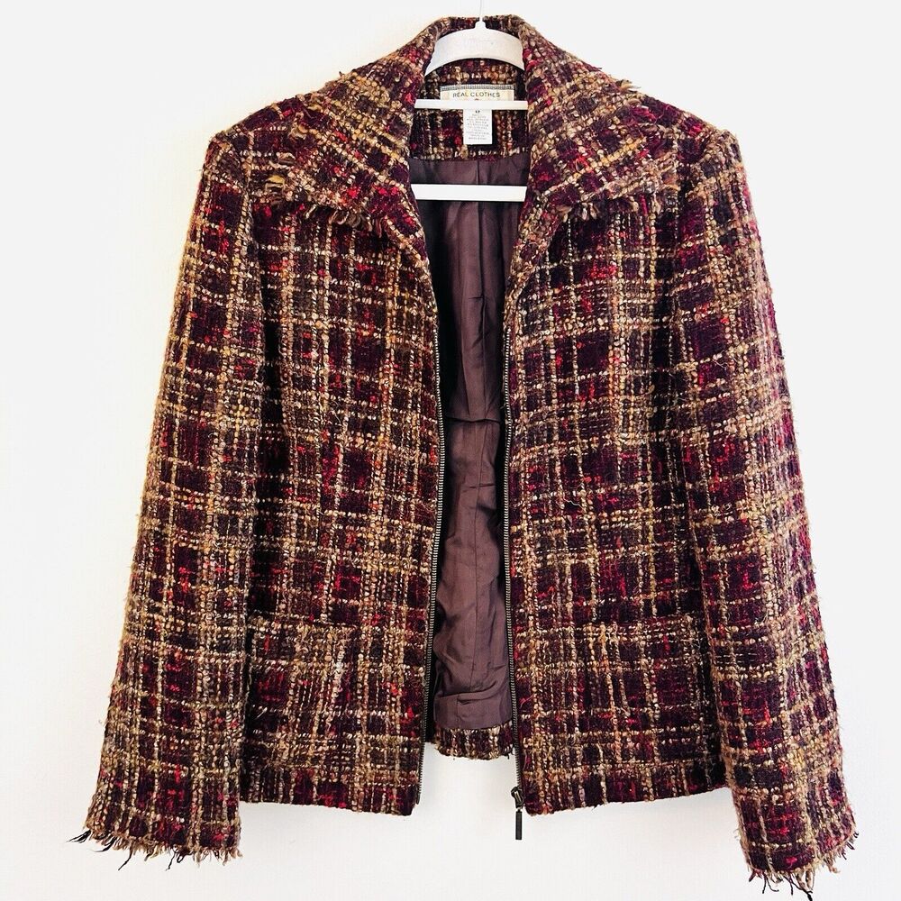 Real Clothes Brown Soft Wool Blend Tweed Satin Lined Zip up Blazer Jacket ~Sz 12